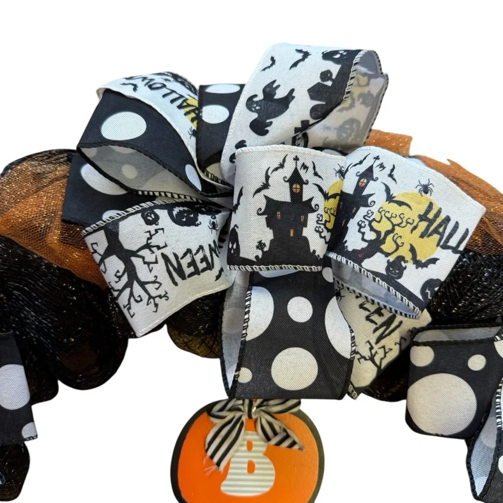 Black Glitter Mesh Halloween Wreath with Orange Flowers Haunted House Ribbon 25